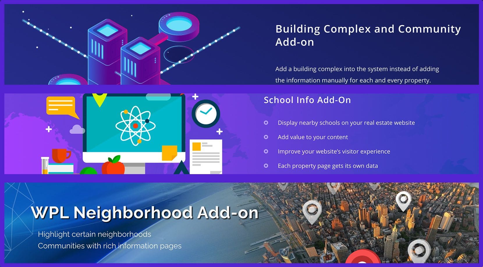 Complex Add-on; Neighborhood Add-on and School Information Add-on.